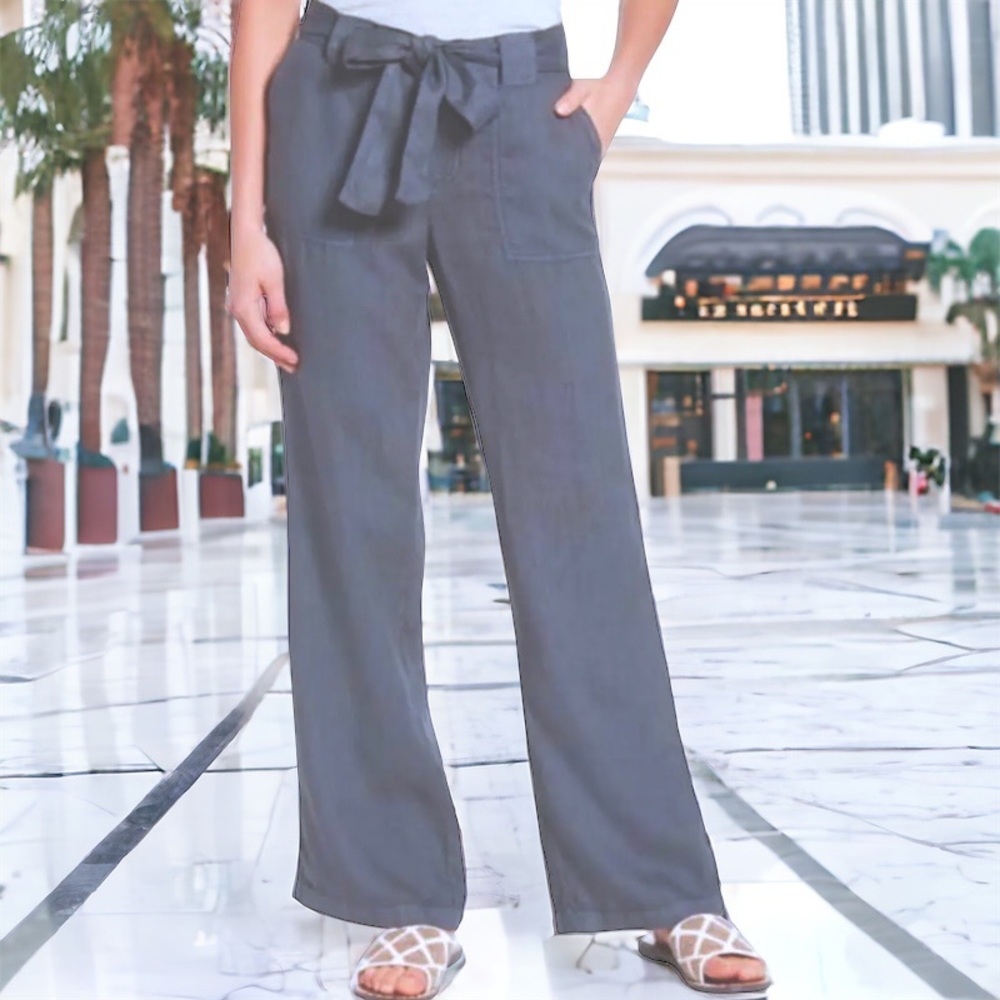 Caslon Belted Linen Pants Medium 6 8 Grey Optional Sash High Rise Pockets NWT